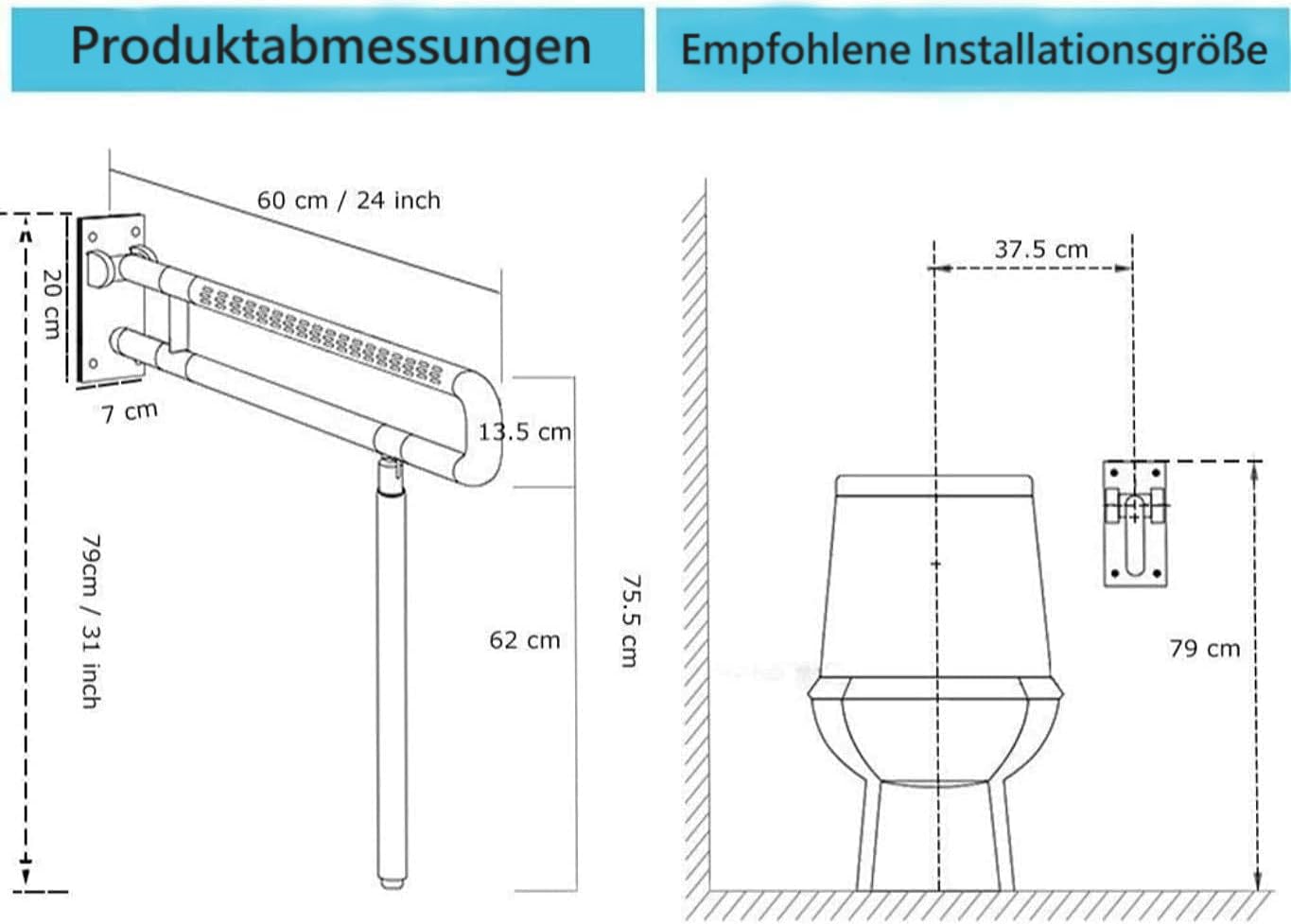 Uchwyt ścienny toalety, 79 x 60 cm, pomoc w wstawaniu, uchwyt do toalety dla osób niepełnosprawnych, składany, obsługuje do 150 kg, antypoślizgowe uchwyty toaletowe dla seniorów