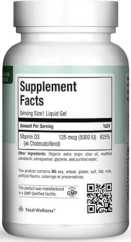 Vista 2 de Maxi Health Vitamina D3 5000 UI cápsulas blandas – 125 mcg D3 Vitamina 5000 UI – Vitamina D 5000 UI para huesos y dientes sanos – Vitaminas