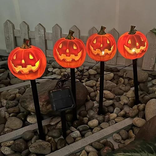 Miniatura 3 de Marcadores de camino de calabaza de Halloween, luces de cadena de luces alimentadas por energía solar, farol de resina con estacas de calabaza para
