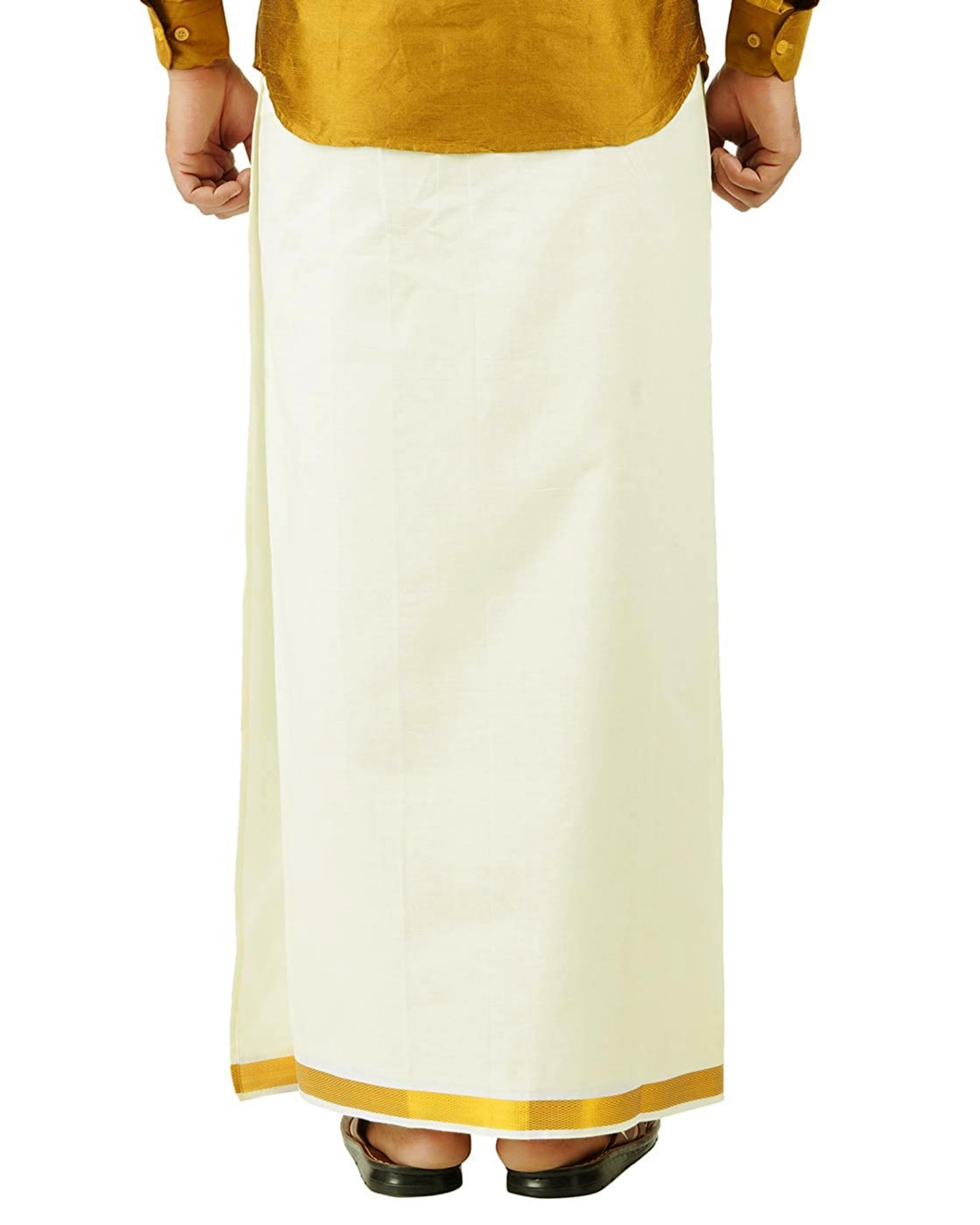 Prakasam Cotton Mens Vip Cream Colour Gold Border Flexi Size Welcro Pocket Dhoti (Vip-Cream) -Small