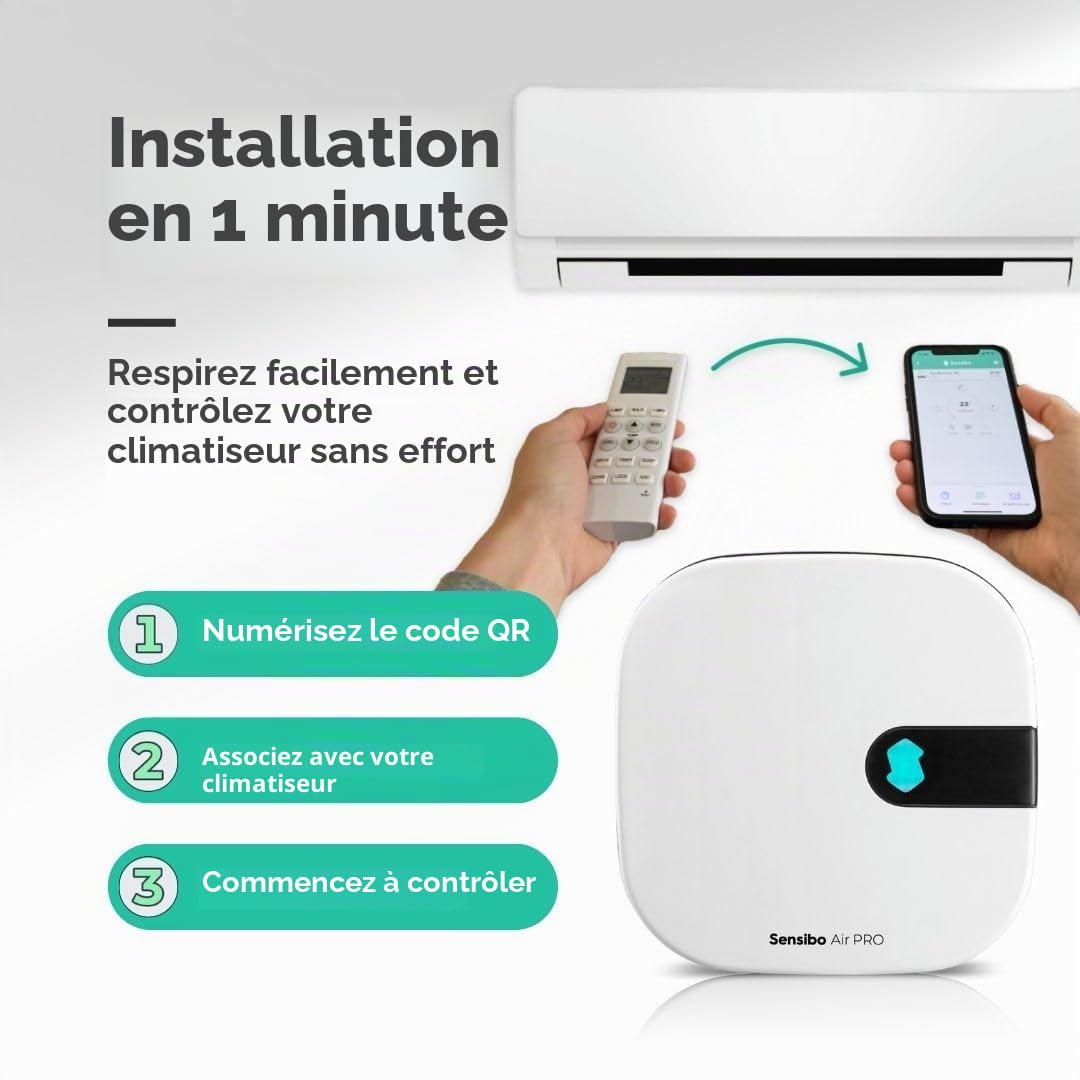 Sensibo Air PRO - Contrôleur intelligent pour climatiseur et capteur de qualité de l'air. Capteurs de temp. et humid. Thermostat pour climatiseur split, fenêtre. Google, Alexa, Siri, Apple HomeKit