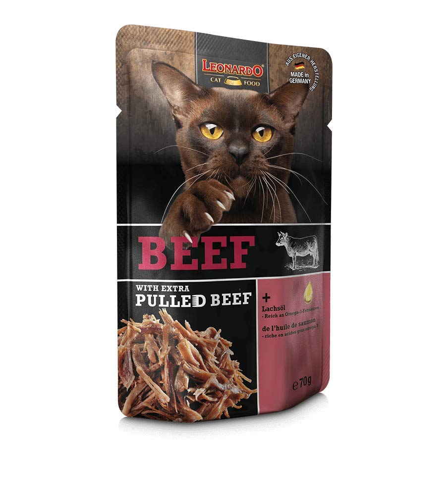 Leonardo Torby [16x70g Wołowina z dodatkowym rozdrobnioną wołowiną] Pulled Beef | Wilgotna karma bez zbóż dla kotów | Kompletna karma dla kotów