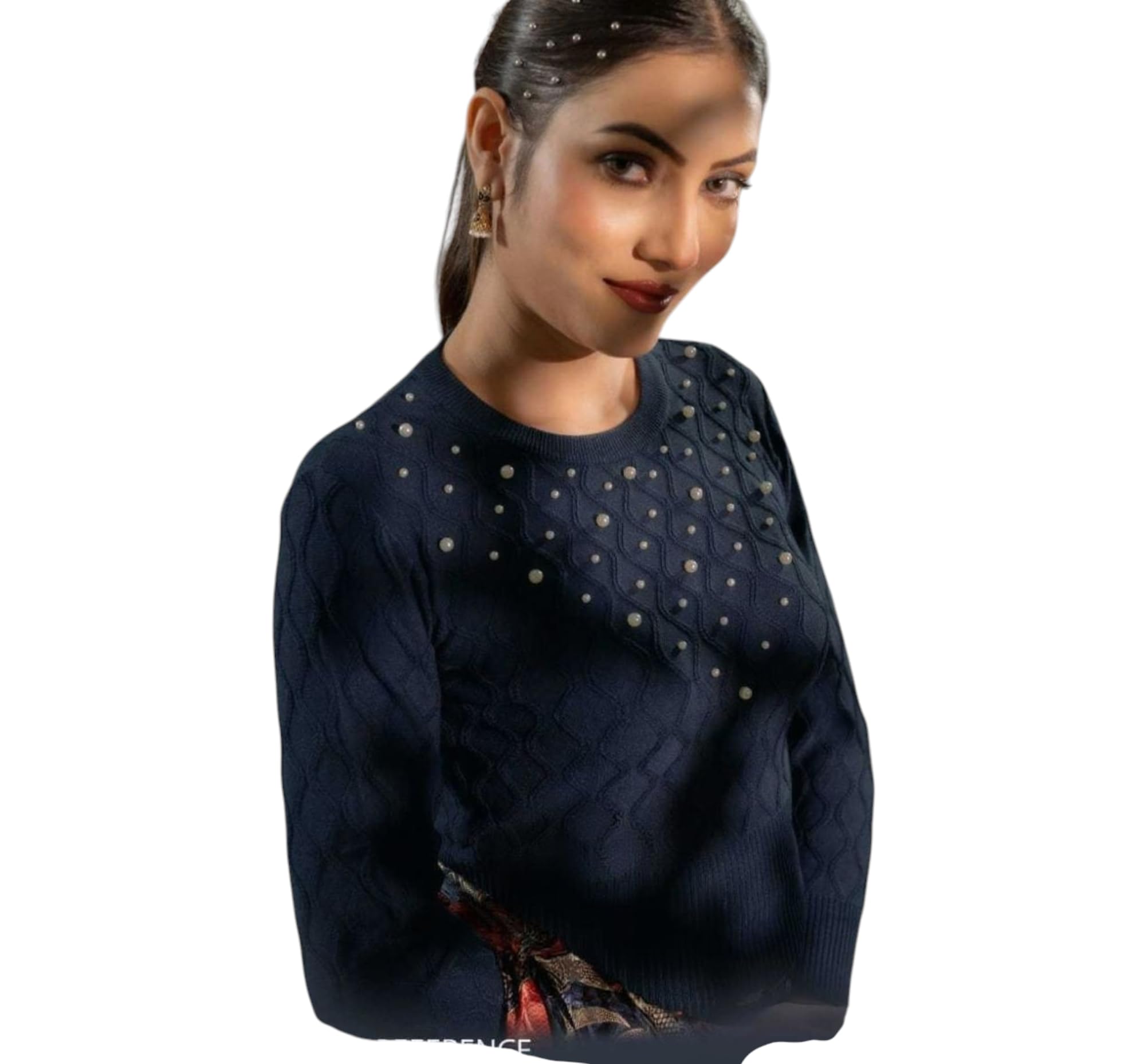 Cadence Women's Navy Blue Pearl Embellished Knit Sweater, Casual Winter Pullover with Quilted Pattern-picture-31