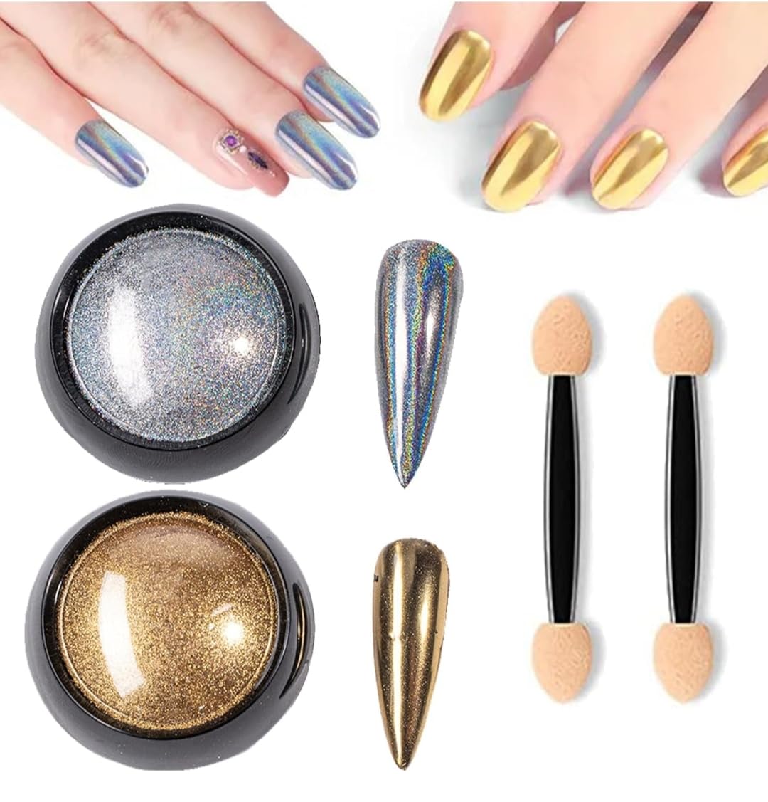 Two Colors Chrome Nail Powder Set, Reflective Glitter Metallic Mirror Effect (Silver&Gold)