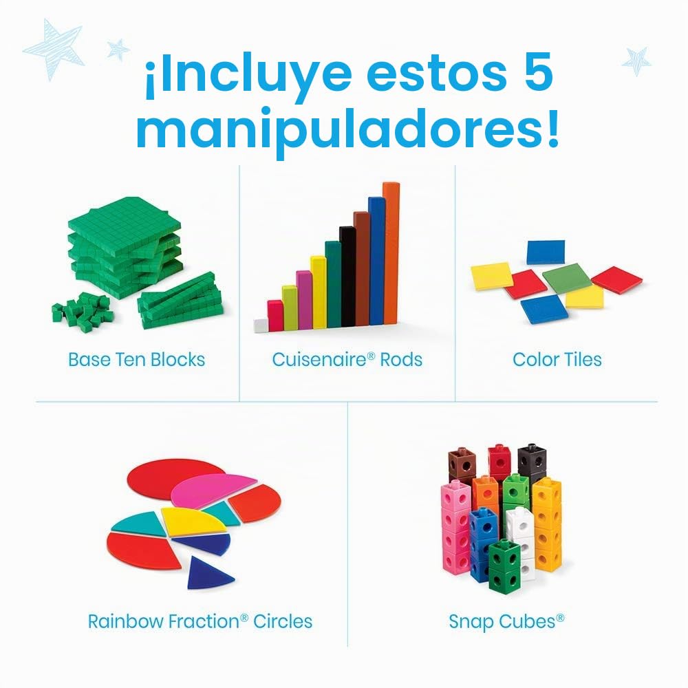 Learning Resources Kit de recursos de matemáticas para llevar a casa (de 8 a 10 años), incluyen cubos encajables, bloques de base diez, círculos con ángulos y fichas de colores.