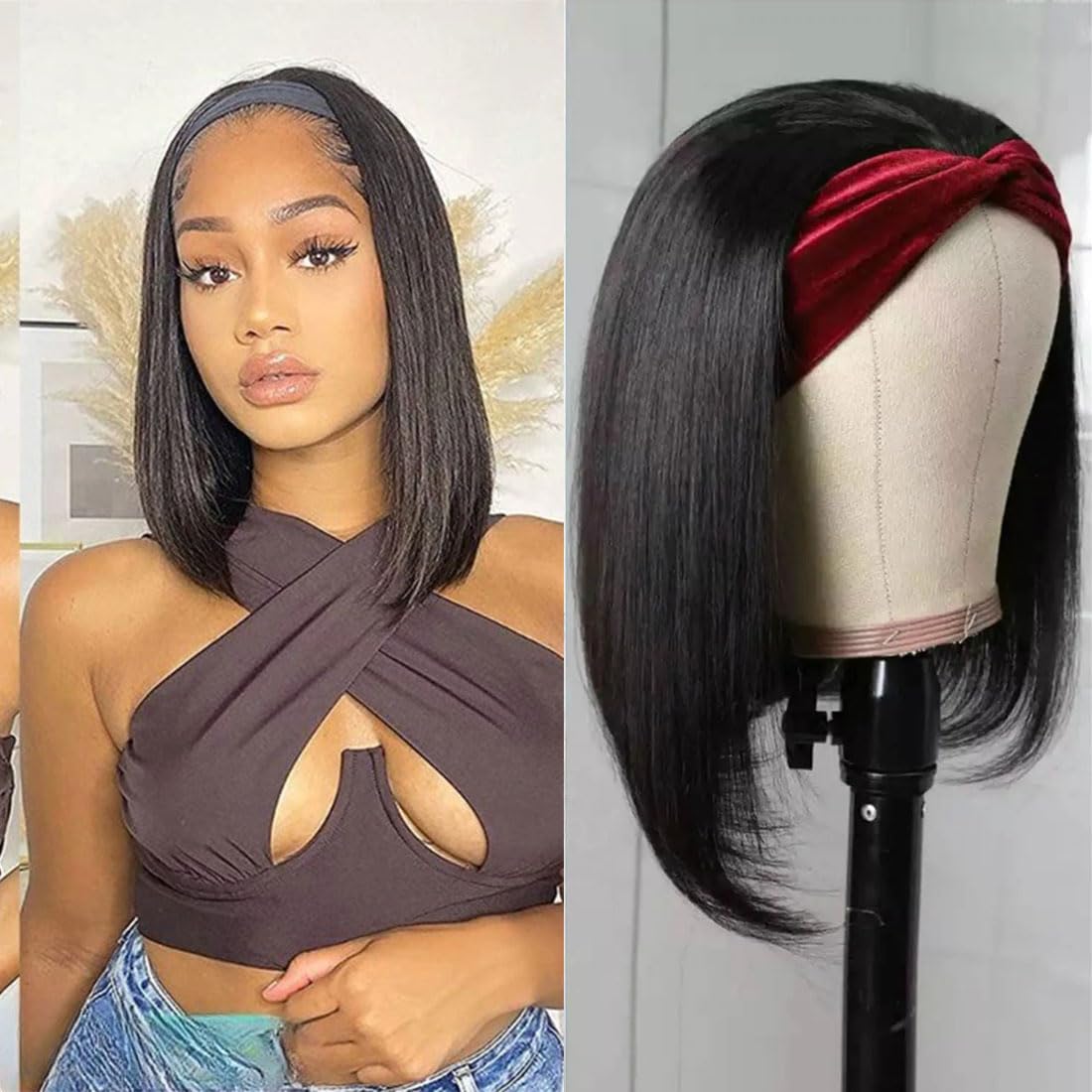 Bob Headband Wigs Human Hair Short Straight Headband Wigs for Black Women Wear and Go Glueless Wigs Short Bob Wigs Human Hair 150% Density No Lace