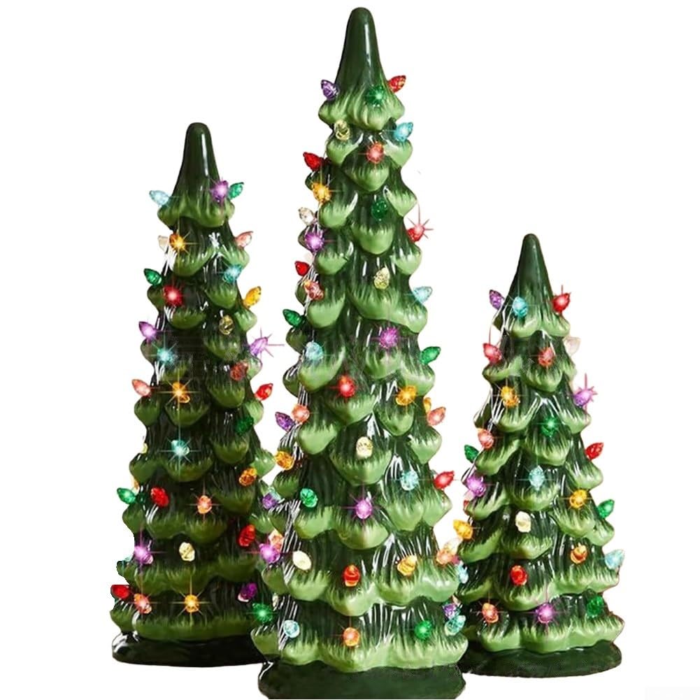 Handbemalter Retro-Weihnachtsbaum mit LED-Lichtern, Auto-Timer, glänzendes Finish, festliche Heimdekoration, grün, 20 cm (Set)