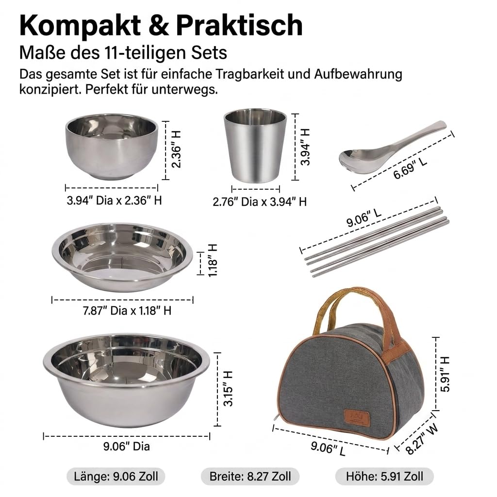 11-teiliges Camping Geschirr & Besteck Set Edelstahl – Outdoor Essgeschirr & Reisebesteck, stapelbar, 11-teiliges Set aus Edelstahl