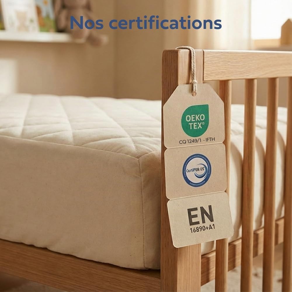 Babysom - Matelas Bébé 60x120 cm - Réversible Été/Hiver - Face Été Respirante & Face Hiver Ouatinée - Épaisseur 8 cm - sans Traitement Chimique - Certifié Oeko-Tex - Ganse Rouge