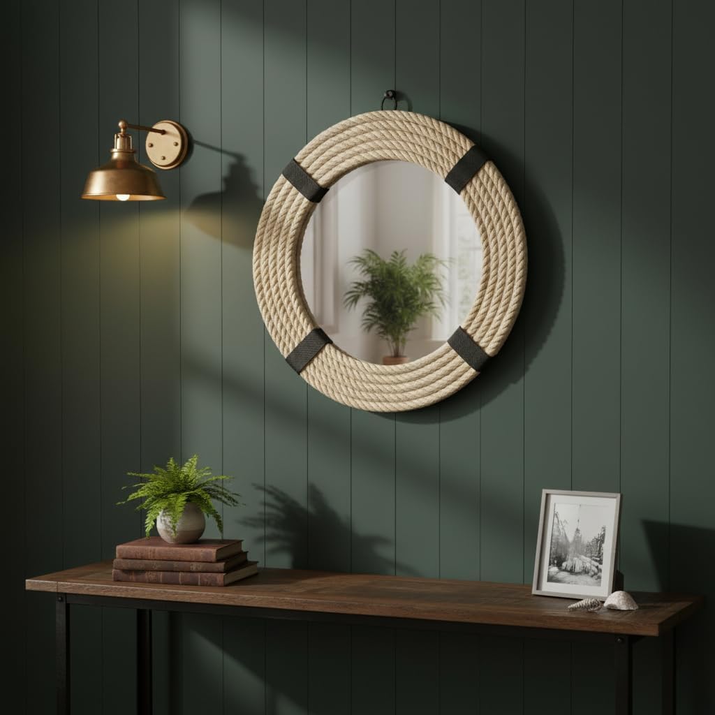 HIGHBIX Jute Rope Mirror with Natural Rope Finish Hanging Mirror for Bathroom, Bedroom, Living Room & Entryway – Handmade Nautical Coastal Decor with Black & Natural Jute Frame (Style 3)