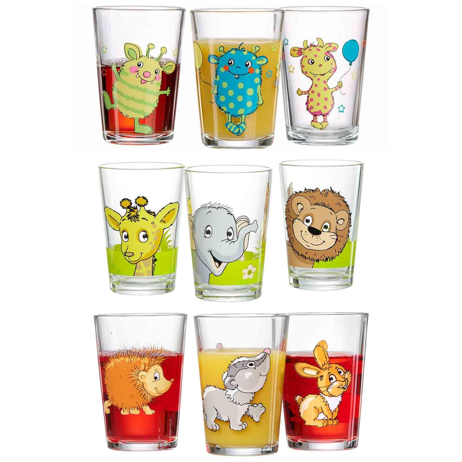 Ritzenhoff & Breker Kinderbecher mit Motiven, 9er Set, 205 ml, Spülmaschinengeeignete Kindergläser, Monsterchen/Dschungeltiere/Waldtiere, Bunte Tiermotive