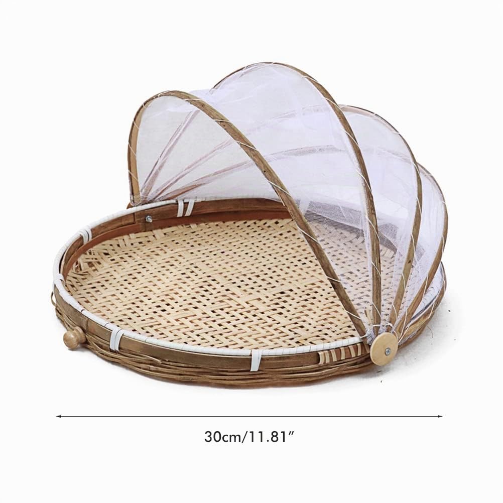 Corbeille à fruits en bambou avec couvercle en, tente alimentaire pour pique-nique en plein air, panier en jonc de mer tissé à la main (35 cm)