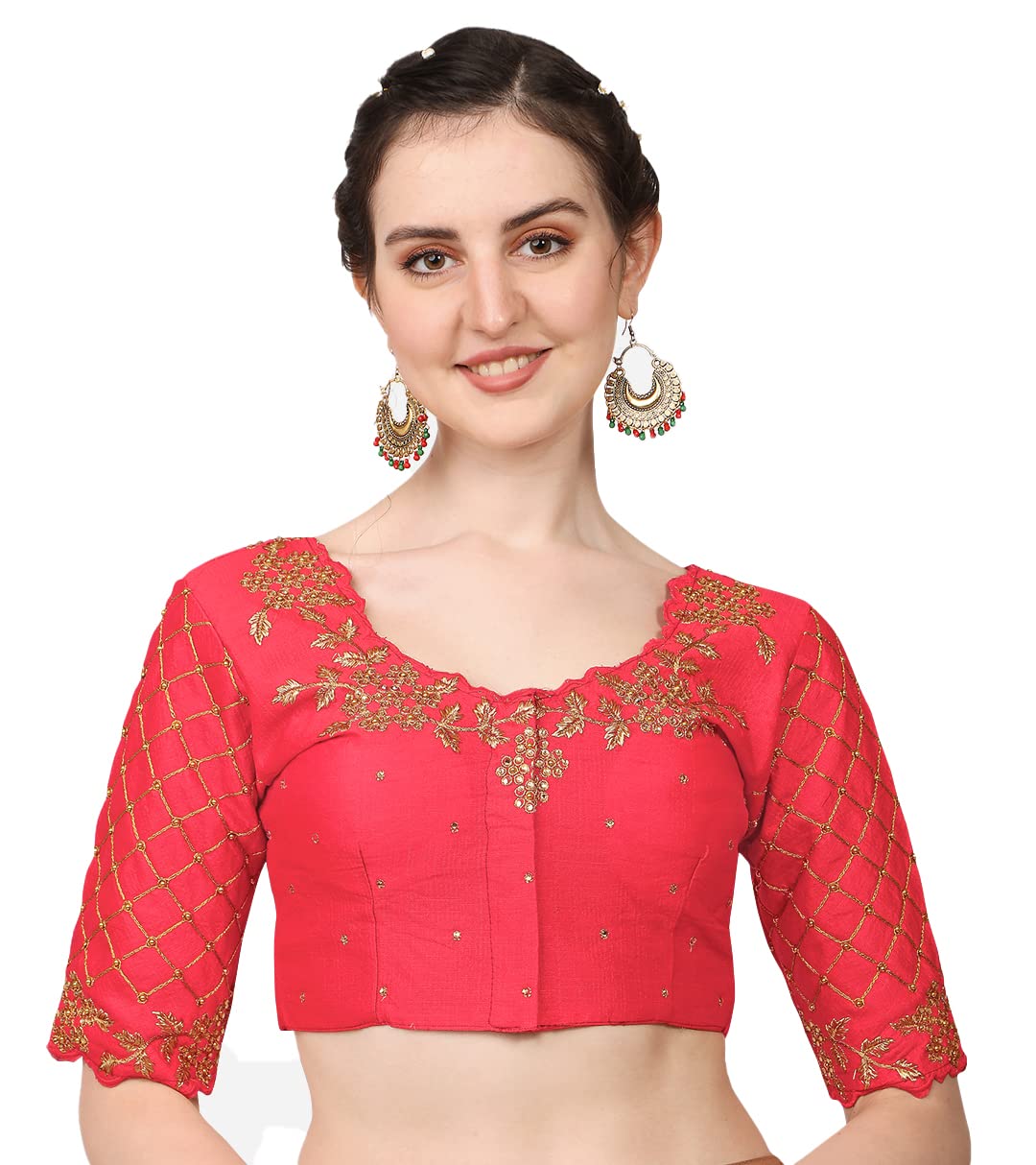 Pujia Mills Women's Embroidery Handwork, Rough Cut Work Stone Work Readymade Blouse (34, Gajari)