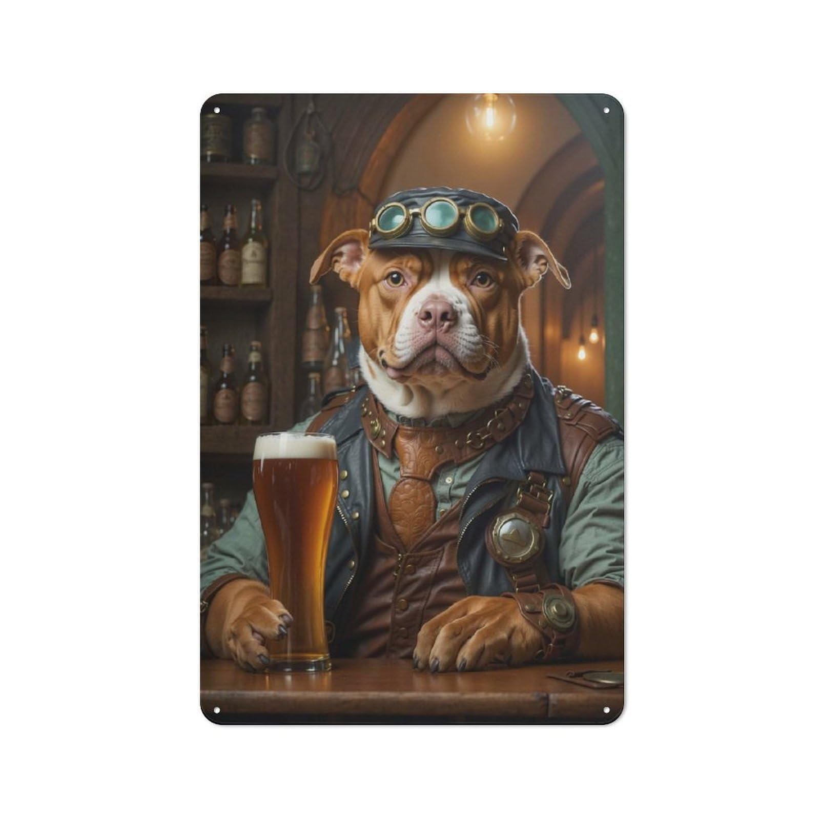 Decorative Metal Plaque with Steampunk Beer Pitbull 1 Design 30x20cm, Casual Utility Space Decor for Patio Bar, Workshop, Shed Or Kitchen