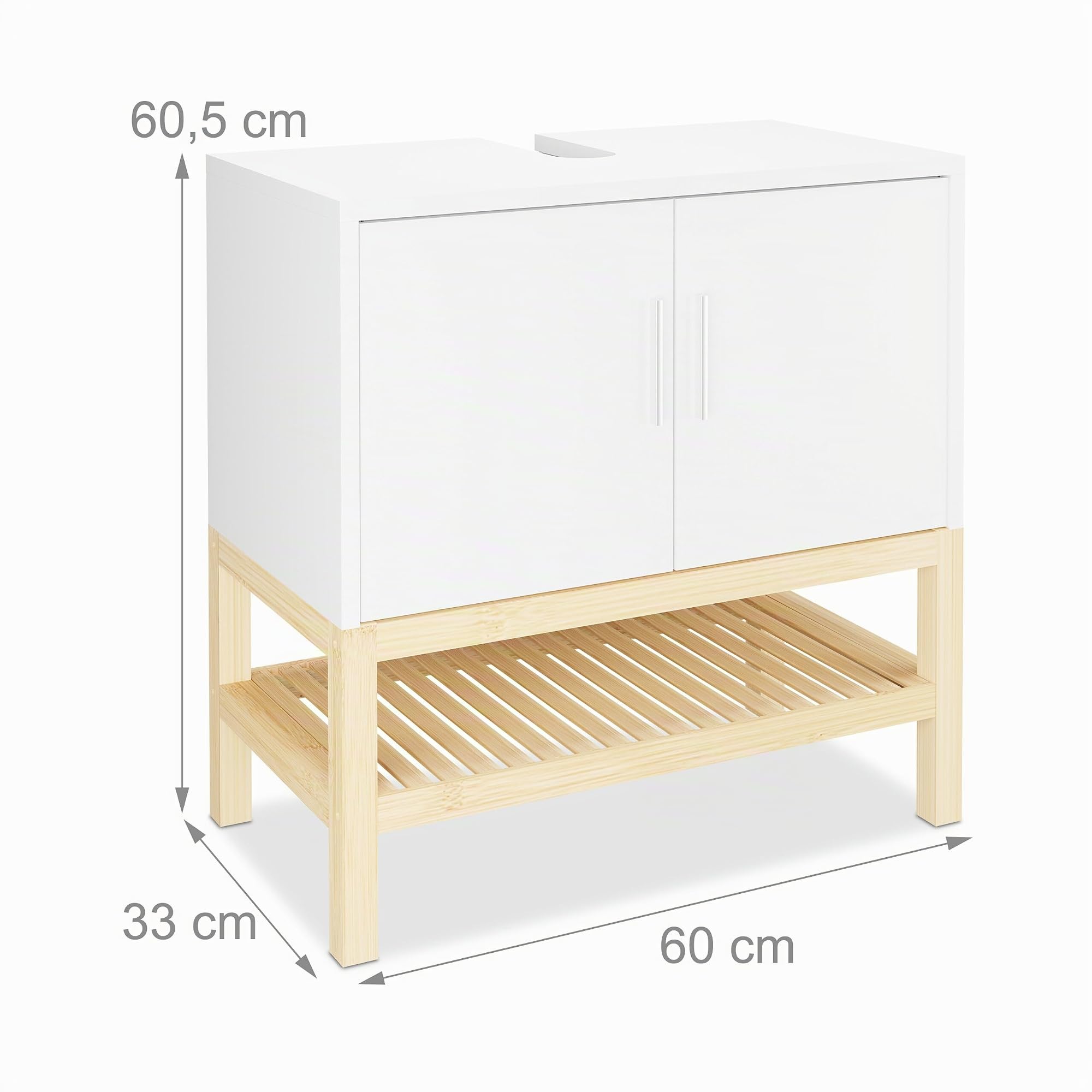 Relaxdays Mobiletto Sottolavabo, Armadietto per Lavandino, Mobile Bagno, HLP 60,5x60x33 cm, bambù e MDF, Bianco Naturale