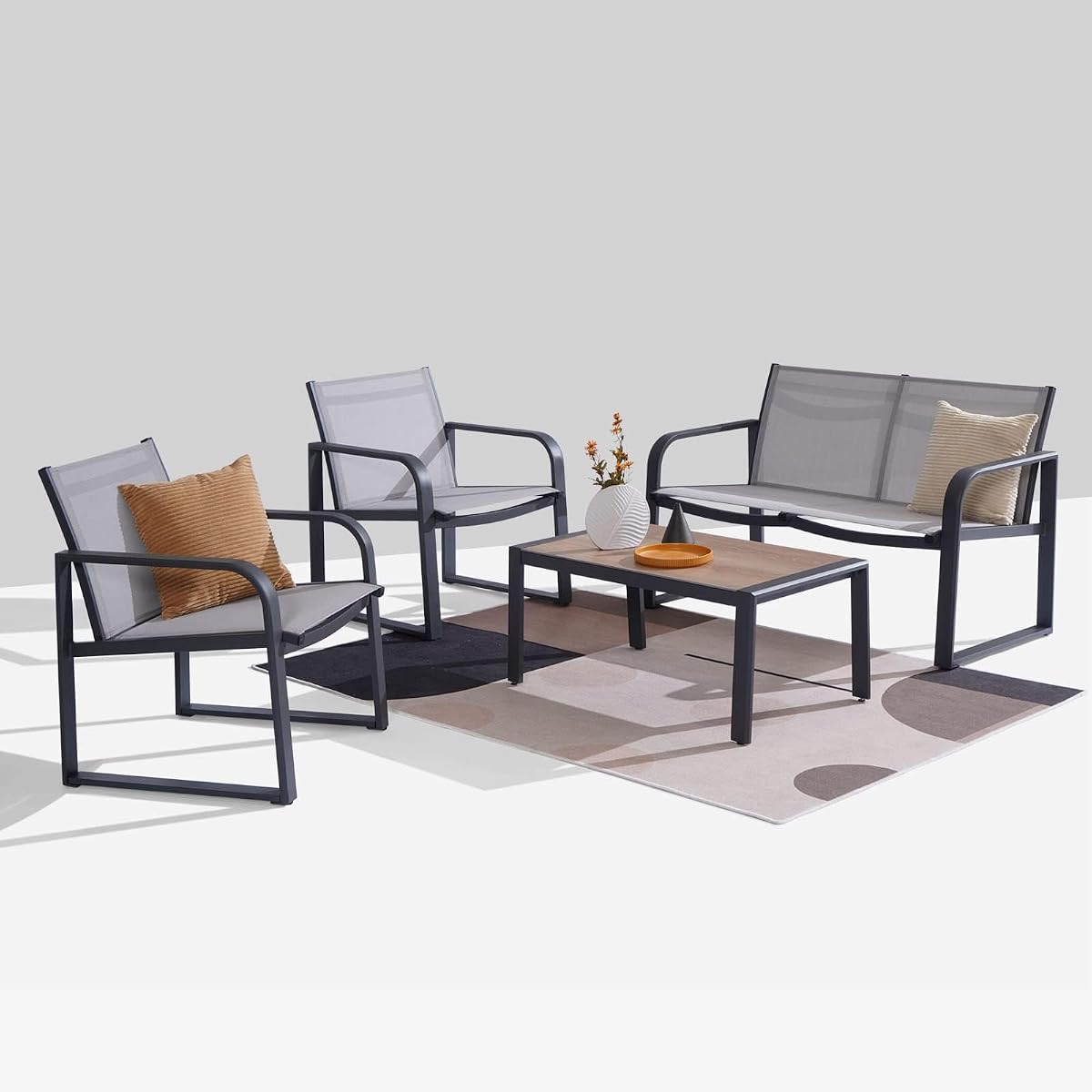 Juego de conversación de aluminio para patio al aire libre, 4 piezas de muebles de patio con textileno transpirable con sofá de dos plazas, mesa y sillas para patio, balcón, gris