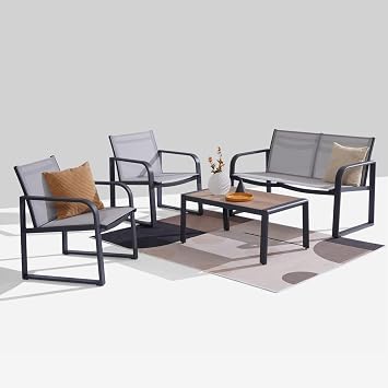 Aluminum Outdoor Patio Conversation Set, 4 Pieces Patio Furniture Sets with Breathable Textilene with Loveseat,Table and Chairs for Yard,Balcony,Grey