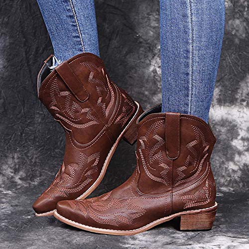 Cowboy Boots For Women 2025 Pointed Toe Wide Calf Western Flower Embroidered Chunky Heel Mid Calf Ankle Boots Retro Leather Western Cowboy Knee High Booties3