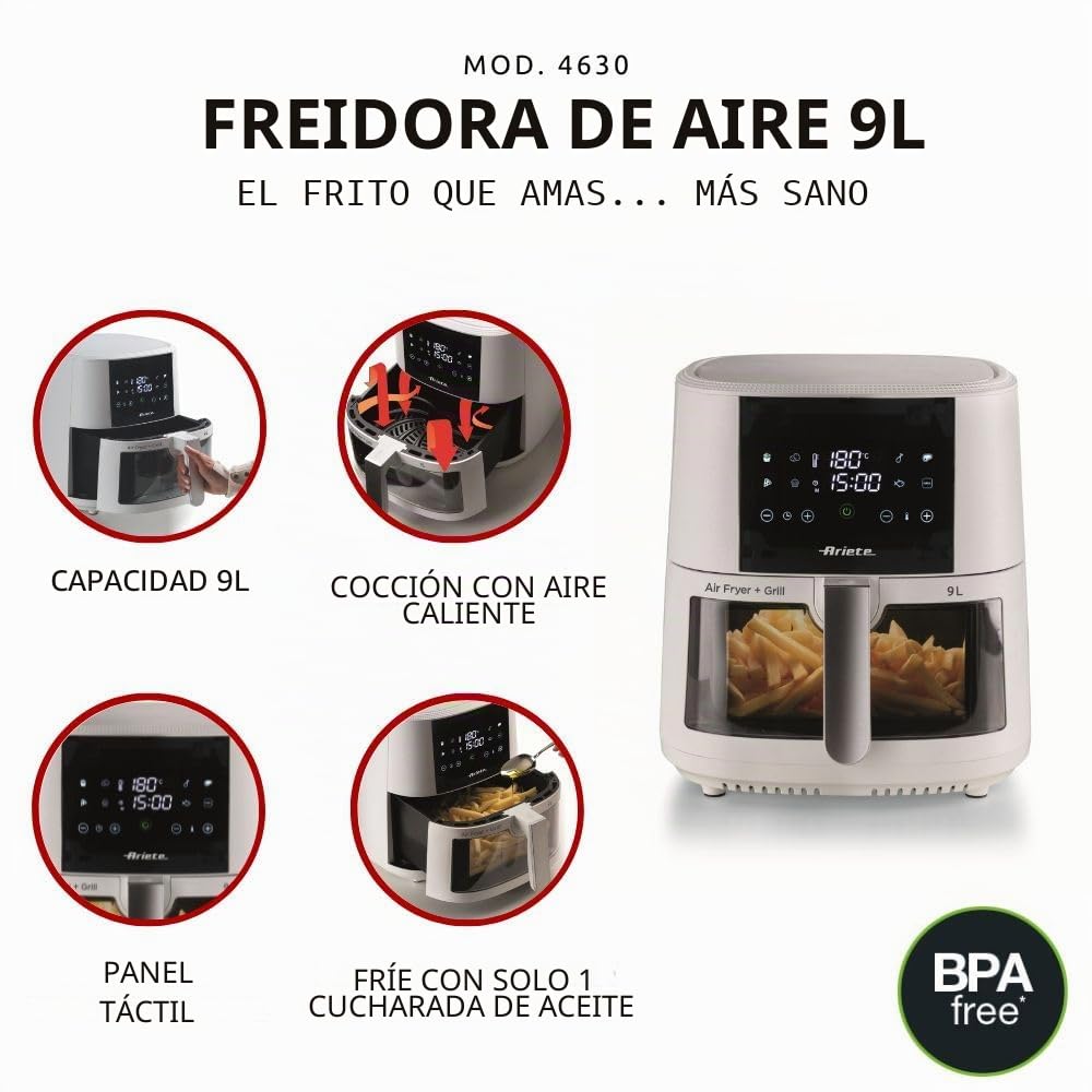 Ariete 4630 - Freidora de aire 9L, 1500 W, capacidad 9L, capacidad de cocción 3,5 kg, 8 programas preestablecidos, temperatura hasta 200 °, cesta transparente para control de cocción, color blanco