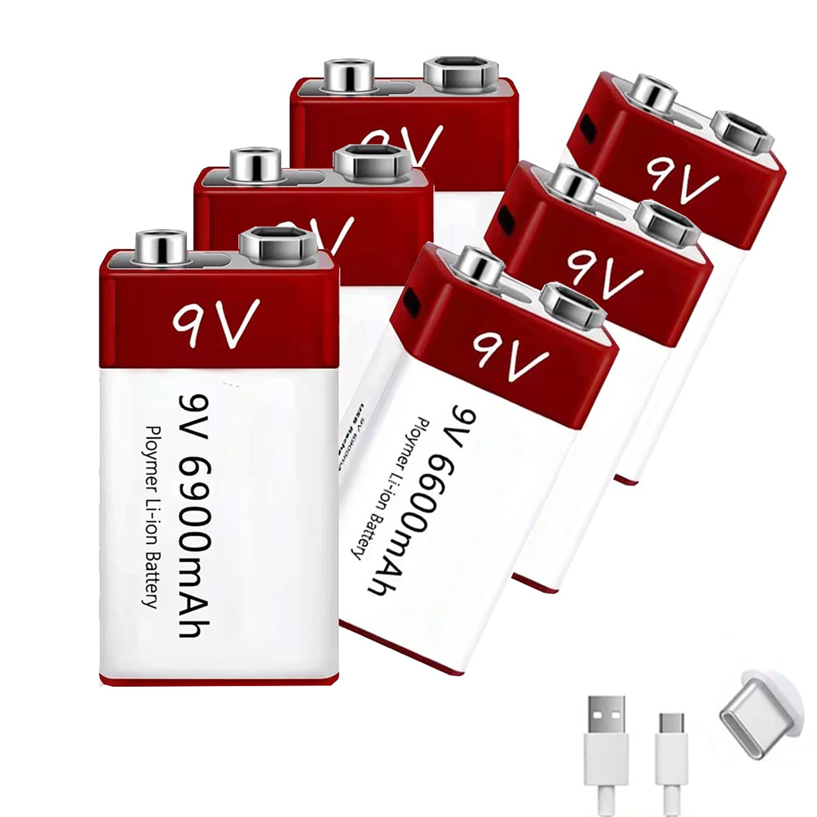 Paquete baterías Litio Recargables 9V batería Iones Litio 6900mAh y 9 voltios con Cable Carga USB para Guitarra eléctrica/micrófono/Alarma de Humo/Detector y más