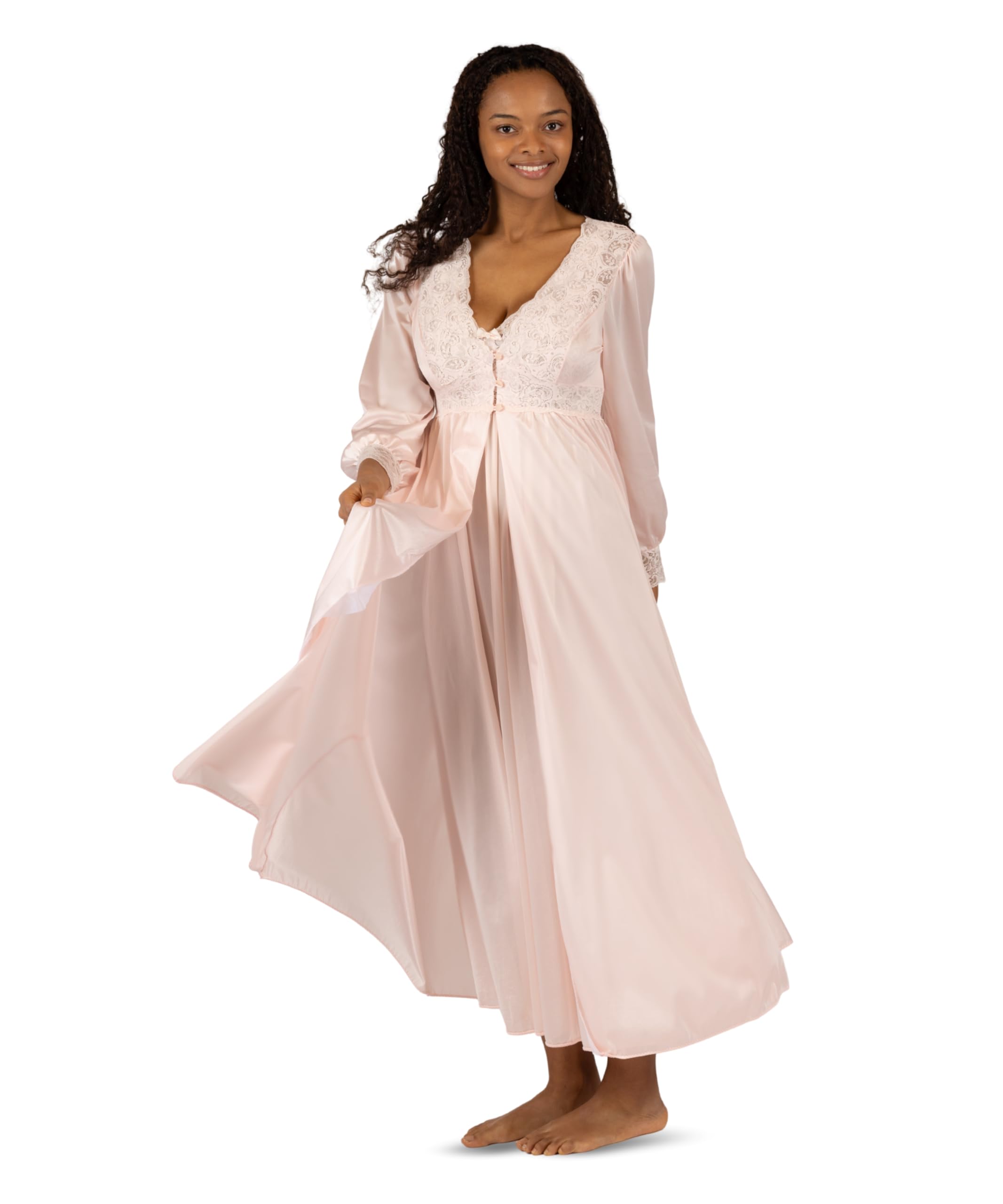 SHADOWLINE Langer, fließender Damen-Bademantel mit Knopfleiste, Seide Blumenmuster, Stretch, Spitze, Mieder, Dessous, elegante Nachtwäsche