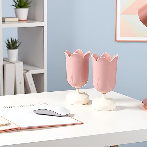 Miniatura 4 de 2 soportes de plástico rosa para bolígrafos de tulipán, bonitos vasos para escritorio, organizador de pinceles, suministros de papelería de oficina,