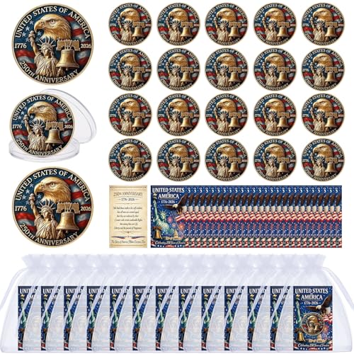 Kenning 90 Pcs 250th Anniversary Coin Gifts, 3D USA Enamel Pins with Greeting Cards for Patriot's Day 4th of July Celebration(Commemorative Coin)