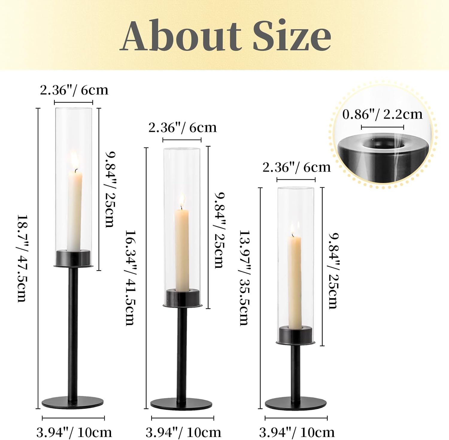 Hewory Black Candlestick Holders Hurricane Candle Holder, 6Pcs Candle Stick Candle Holder Candelabra, Taper Candle Holders with Glass Candle Cover for Wedding Table Centerpiece Christmas Decor