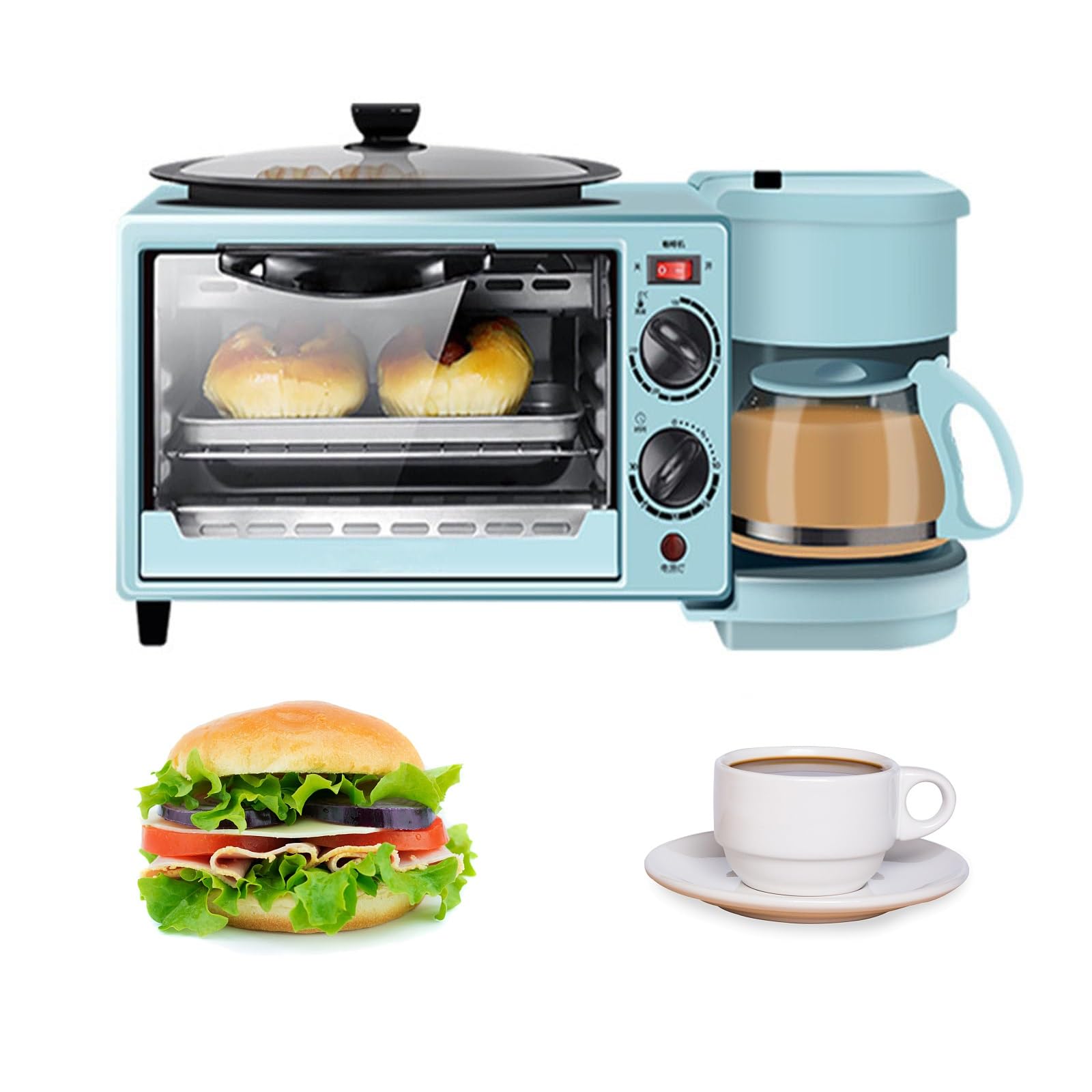 Estación for hacer desayuno 3 en 1, máquina de desayuno multifunción con horno eléctrico tostador de 9 litros, cafetera de 600 ml, sartén antiadherente, sandwichera de huevo, control de temperatura (