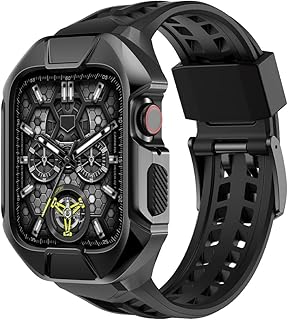 EKINS Caixa de relógio de aço + pulseira de relógio de borracha para Iwatch 44mm 45mm Capa de metal MOD Kit protetor pulseira de moldura para Apple Watch 8 7 6 5 4 SE (Cor: Preto, Tamanho: 44mm Para 6/5/4/SE)