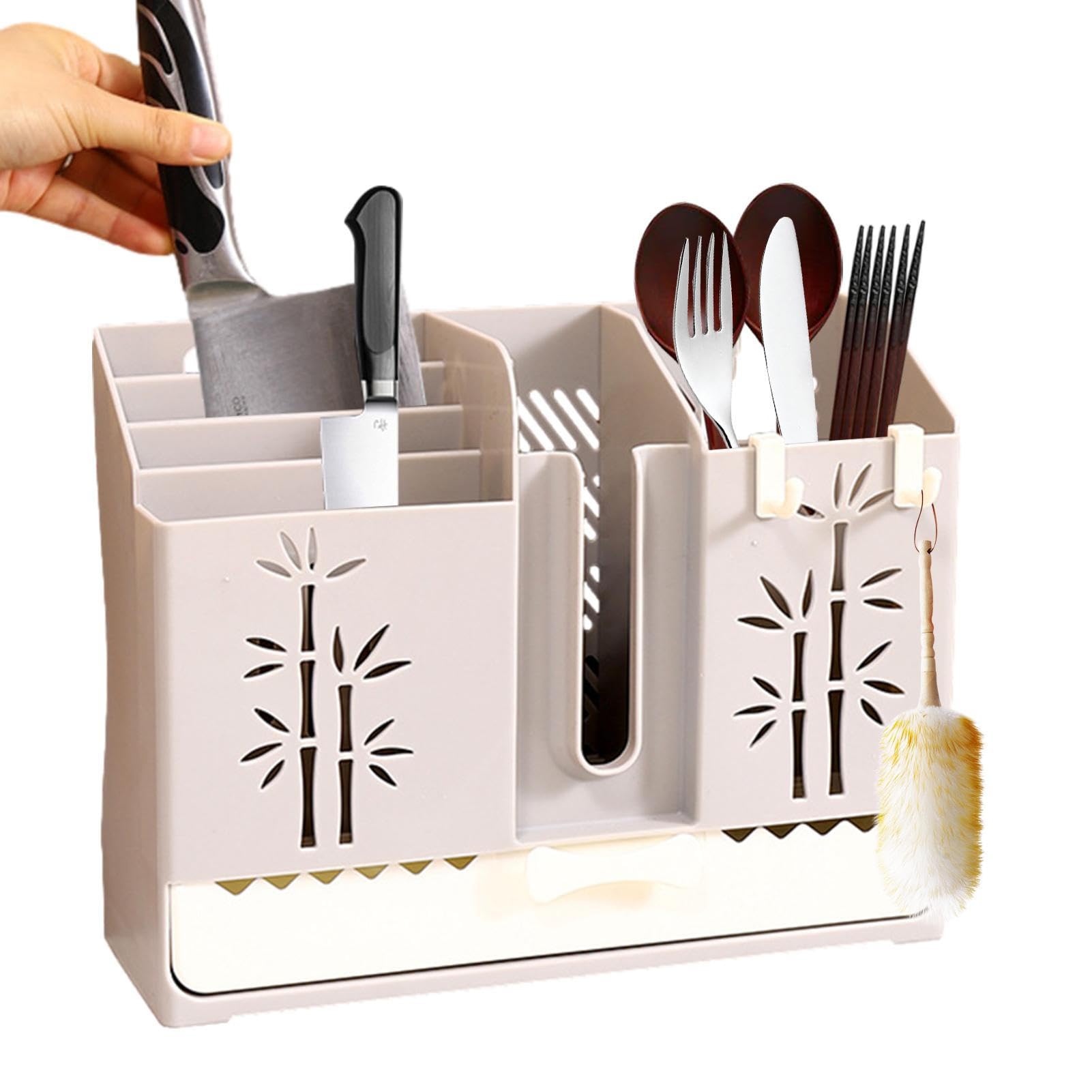 Rianpesn Grey Utensil Holder For Wall,Kitchen Cutlery Wall Mount Utensil Basket With Hooks - Kitchen Silverware Drainer Container For Scoops Spoons Spatula Forks Chopsticks Knives