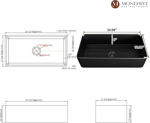 Miniatura 4 de Mondawe - Fregadero negro de 36 pulgadas, fregadero de cocina con rejilla inferior de acero inoxidable y colador de cesta