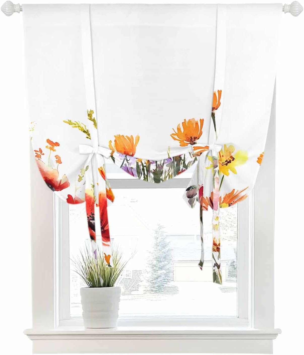 Tie Up Curtain for Windows Wildflower Balloon Window Shades for Bedroom Bathroom Adjustable Rod Pocket Colorful Leaves Flower Window Treatments Curtains Valance for Kitchen 52" W x 63" L