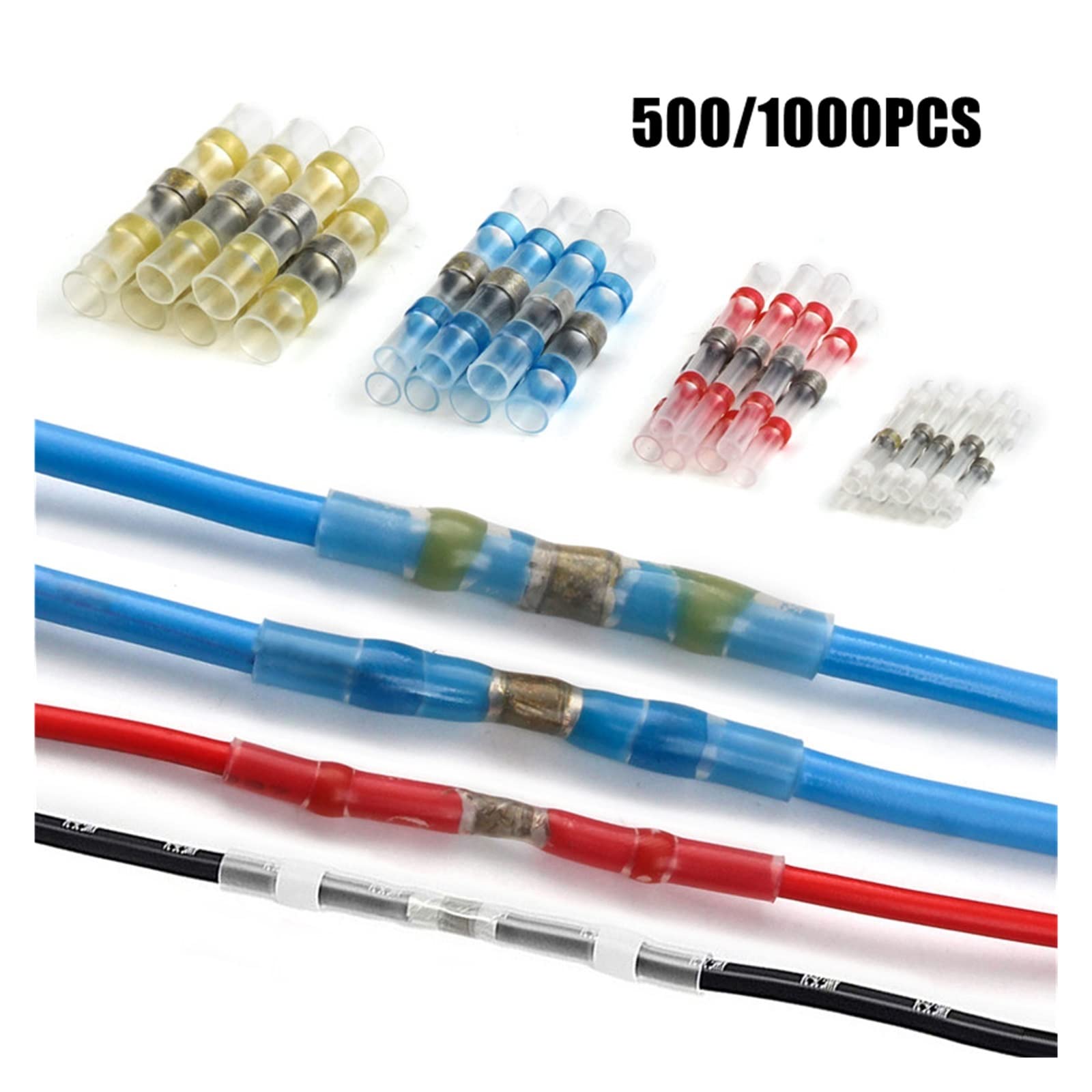 VOREAL Conectores de Cable a Tope termorretráctiles de 1000/500 Uds., terminales de Sellado de Soldadura Impermeables de Cobre estañado, Empalme de Manga de contracción térmica Leisurely (Color : BLU