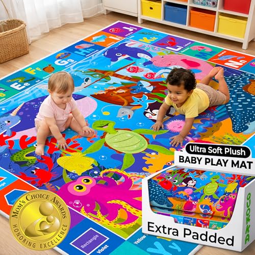 QUOKKA Baby Mat for Floor Play for Babies 6-12 Months – Super Soft Baby Floor Play Mat for Toddlers 1-3 – ABC Ocean Extra Thick Plush Rug for Nursery – Padded Foldable Activity Infant Playroom Carpet