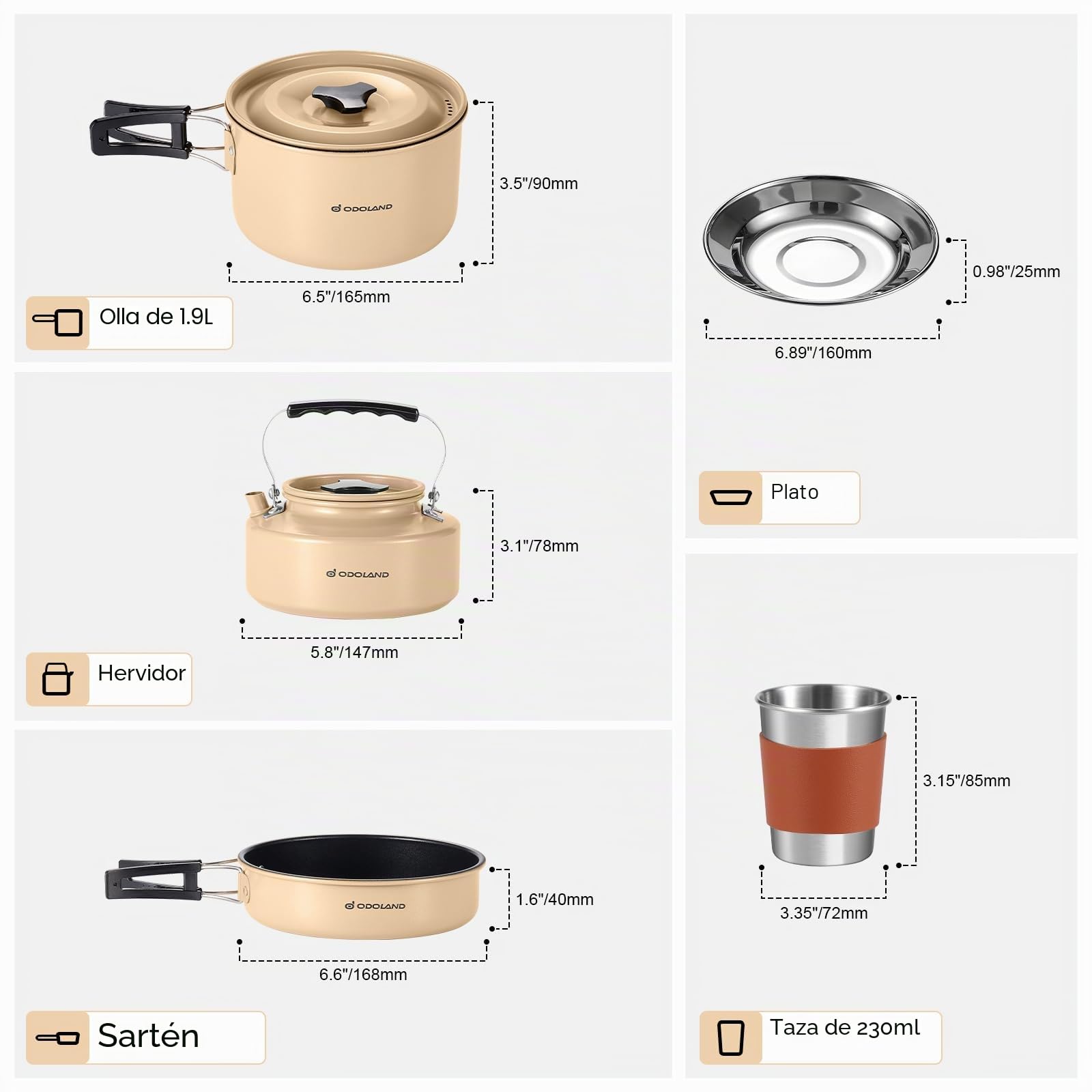 Odoland Juego de utensilios de cocina de camping para 2 personas, sartén + olla de cocción, hervidor de agua 0,8 L, 2 cubiertos de acero inoxidable