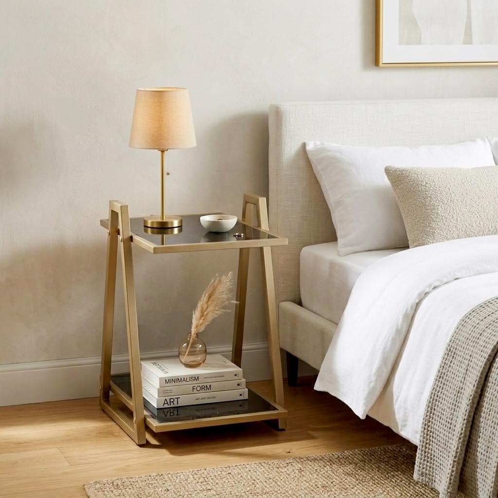 2-Tier Side Table with Storage Shelf, Gold Metal Frame End Table with Black Glass Top, Modern Nightstand Accent Table for Living Room, Bedroom, Small Spaces (Black & Gold)-image-49