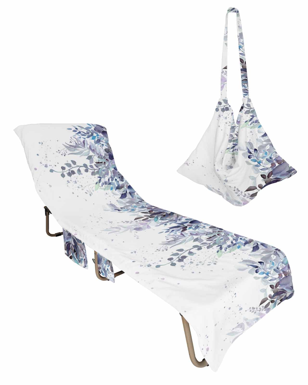 Purple Eucalyptus Leaves Beach Lounge Chair Towel Cover, Soft Chaise Lounge Towel with Side Pockets Patio Pool Chairs Cover for Beach/Pool Sunbathing 29x85 Watercolor Spring Botanical