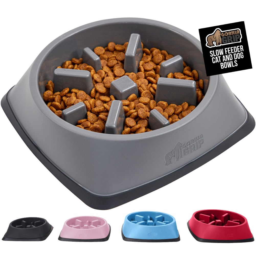 GORILLA GRIP Patented BPA Free Slow Feeder Dog Bowls, Interactive Puzzle Toy for Dogs and Cats Food Training Enrichment, Keeps Pets Busy and Prevents Puppy Overeating, Small Breeds, 1 Cup, Gray