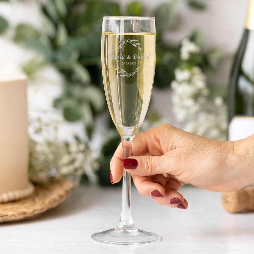 Wanapix | Personalised Cava Glass | with Name or Text| Laser Engraved Crystal Glass | Original Gift Engagement/Anniversary/Valentine's Day | 20cl.| Names and Date