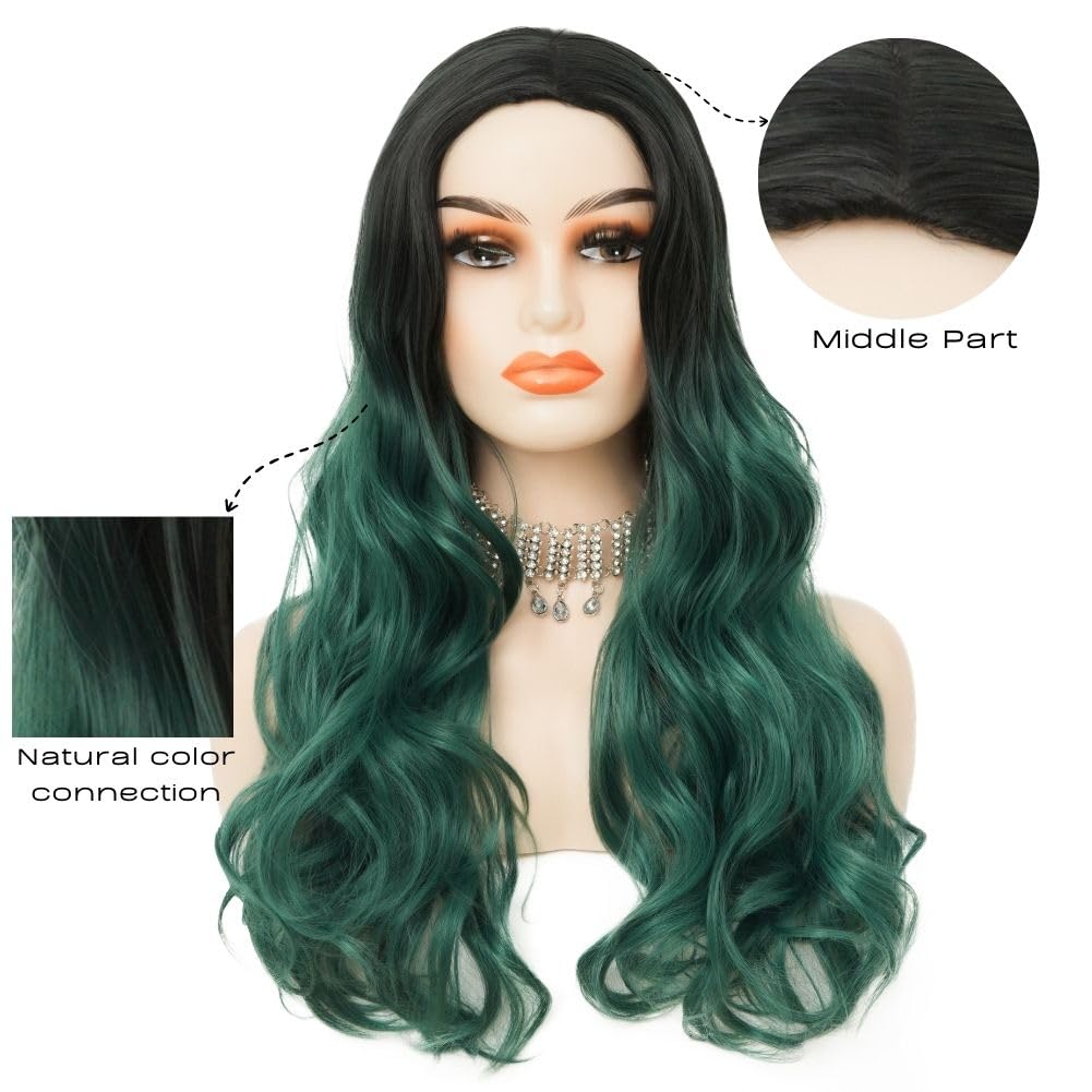 Siudus Black to Green Long Wavy Wigs for Women Curly Ombre Green Synthetic Natural Middle Part Wave Hair Wig for Halloween Daily Use - Image 2