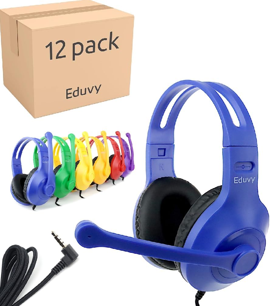 Bulk Headphones for Classroom with Microphone, Heavy-Duty School Pack Wired Headphones for Students with Rotating Boom Mic. Teacher Must Haves from Elementary to College (12 Pack Mixed Color)