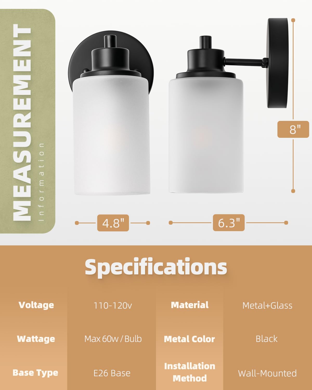 Paquete de 2 apliques de pared estilo granja, lámparas de tocador de baño negras para interiores con pantalla de vidrio esmerilado blanco, iluminación moderna para montar en la pared, lámpara base E26 2