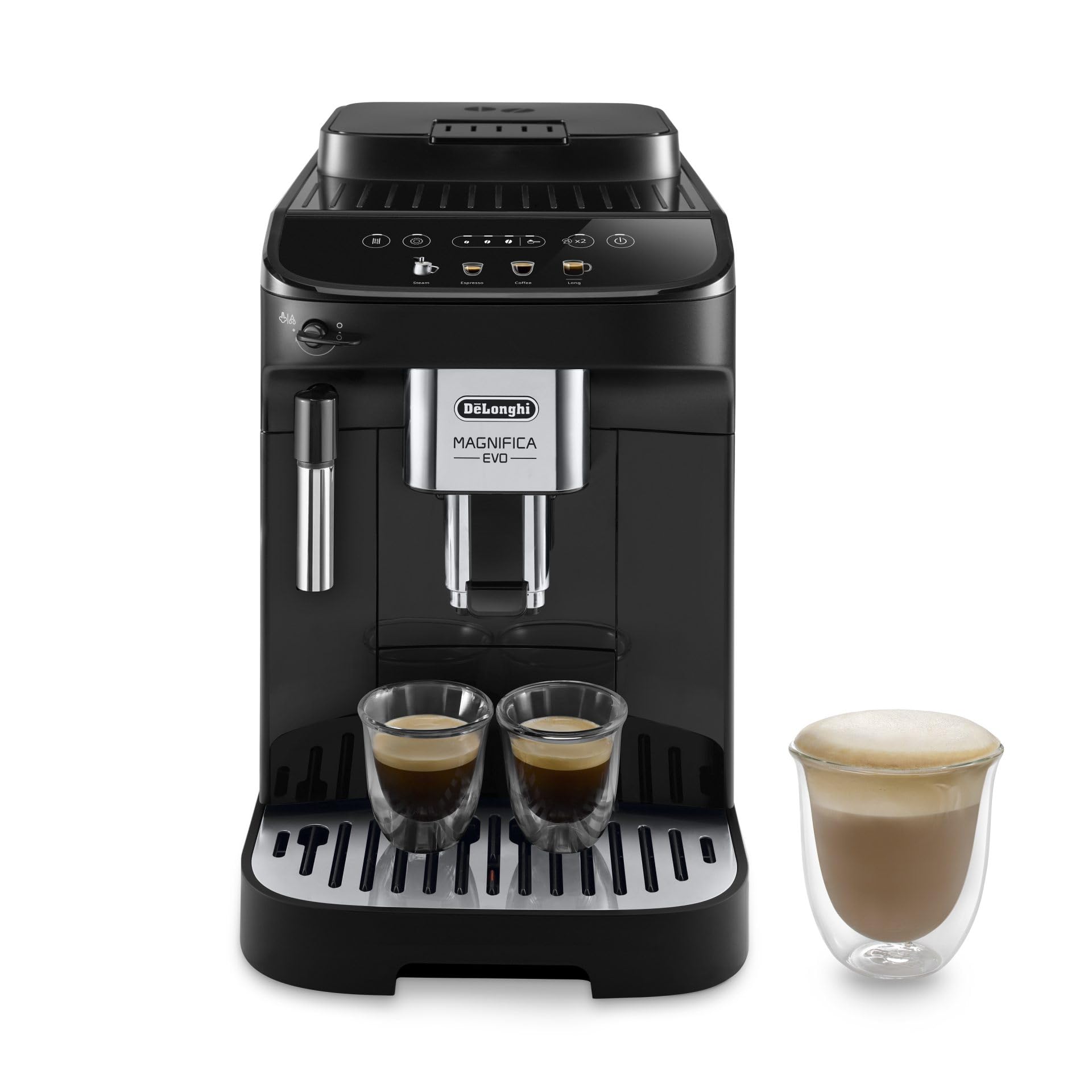 De'Longhi Magnifica Evo ECAM290.​21.​B, Machine à Café Automatique avec Mousseur à Lait, Machine Grain Compacte, Mousseur à Lait Manuel, 4 Recettes, Écran Tactile Couleur, Noir