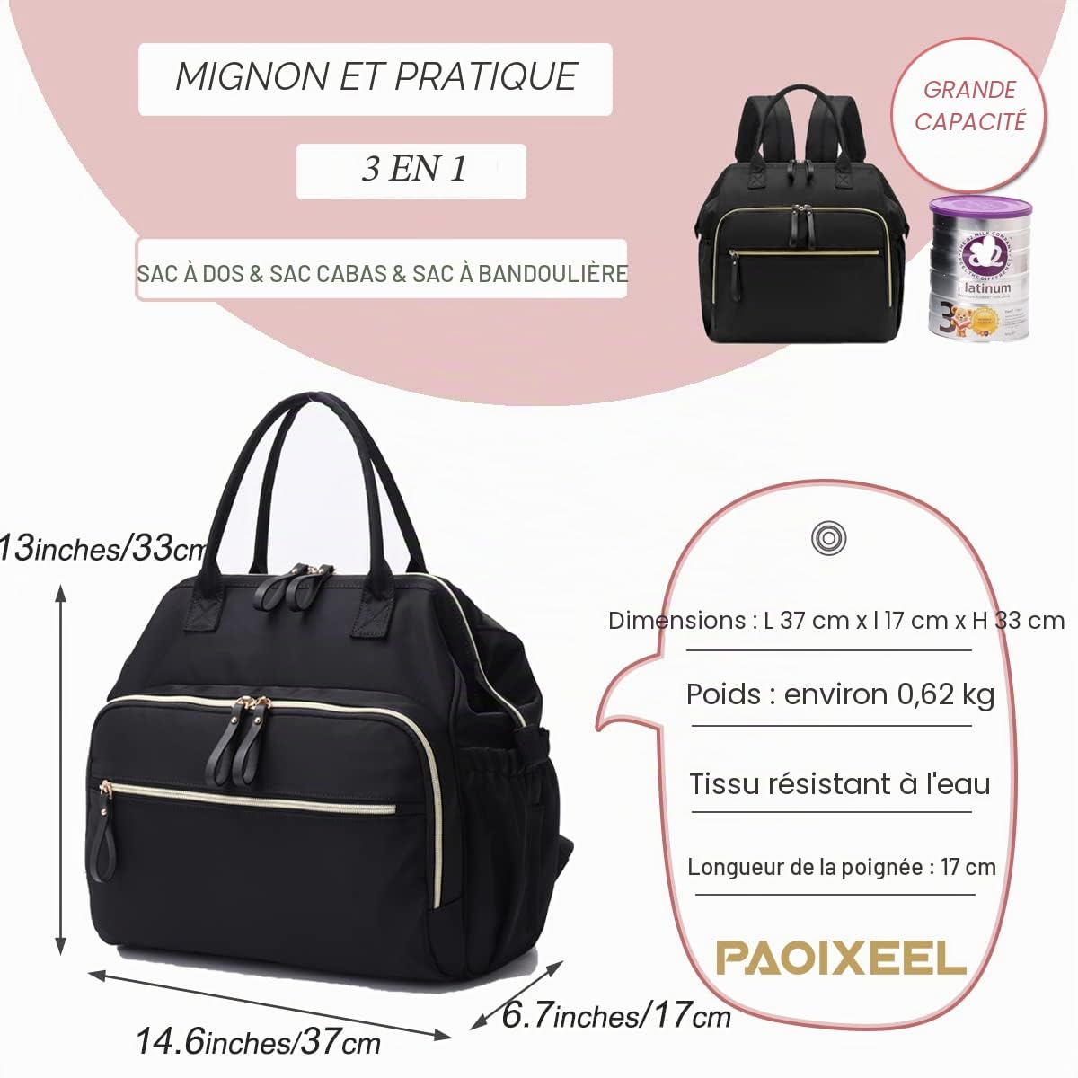 LORADI Sac à langer convertible, large ouverture sur le dessus, 14 poches, avec clip pour poussette, résistant à l'eau