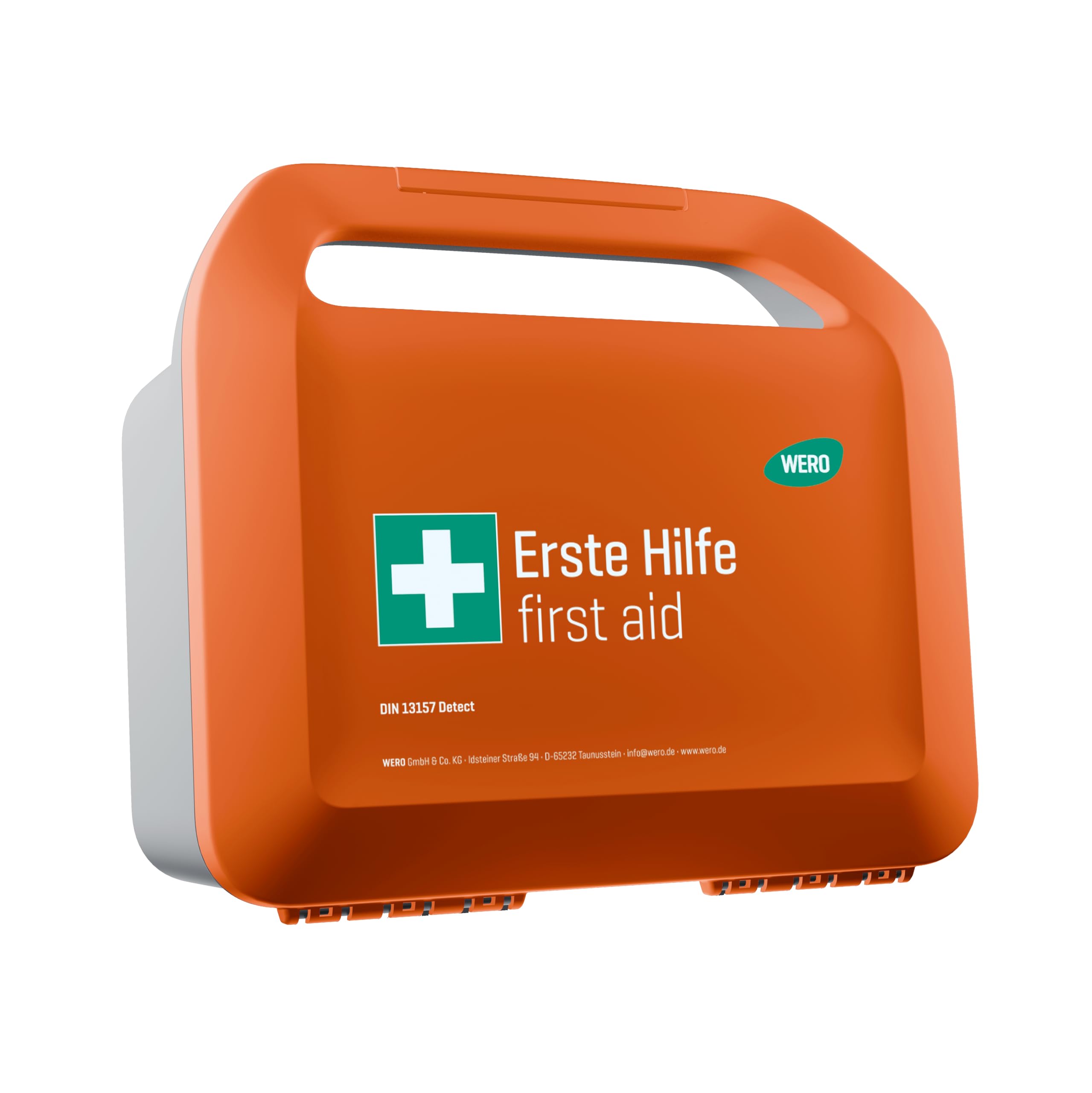 Erste-Hilfe-Koffer WERO Smart Case klein DIN 13157 | mit Weroplast® PowerDetect Pflastern, staub- & spritzwassergeschützt, mit Farbleitsystem, mit Wandhalterung
