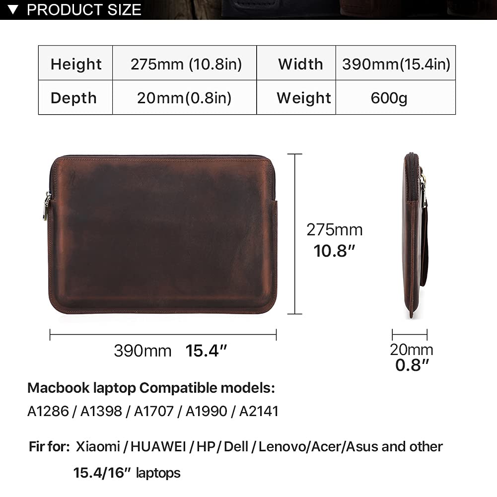 Skórzany rękaw na laptopa torba podróżna przenośna lekka prawdziwa skóra torba na laptopa 15,4 cala ze zdejmowanym paskiem na rękę, kieszeń na zamek błyskawiczny