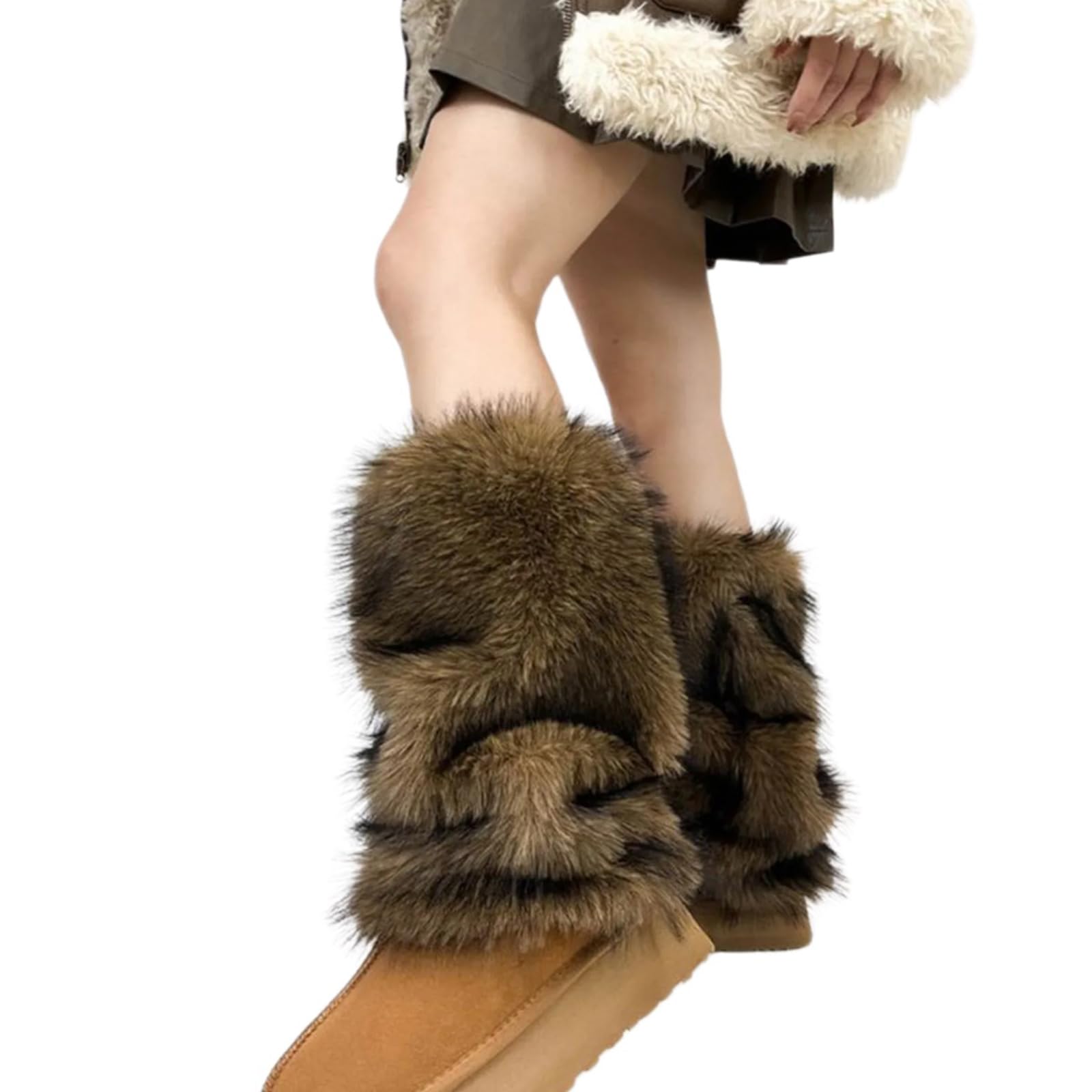 DIEKE Thick Plush Furry Leg Warmers For Women Soft Cozy Winter Thermal Boot Cuffs Brown Fuzzy Leg Gaiters Covers Streetwear Furry Warmers