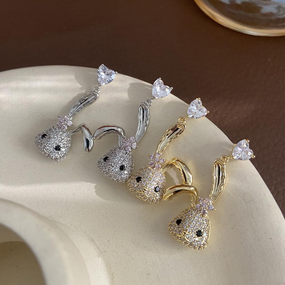 Dainty Bunny Rabbit Drop Dangle Earrings 925 Sterling Silver Pin Post Crystal Pink CZ Flower Love Heart Animal Stud Earring Cute Easter Birthday Jewelry Gifts for Women Girls - Image 6