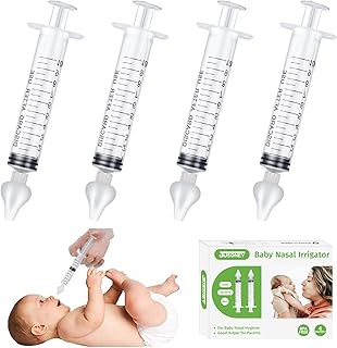 JUSONEY Baby Nose Syringe - Professional Fly Baby Irrigator with Clean and Reusable Silicone Nose Tips (4 Pieces)